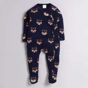 Polka Tots Full Sleeve Footed Romper with Folded Mittens  100% Super Soft Cotton Fox Navy Blue