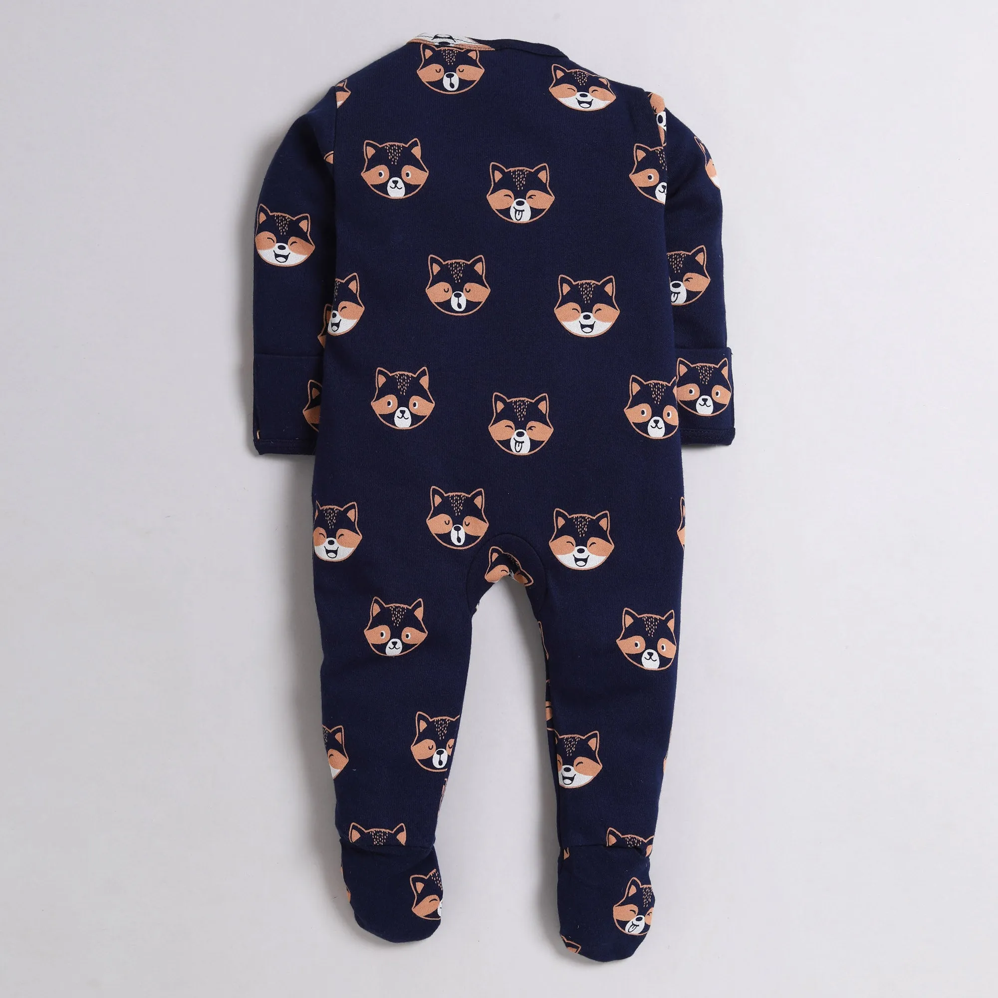 Polka Tots Full Sleeve Footed Romper with Folded Mittens  100% Super Soft Cotton Fox Navy Blue
