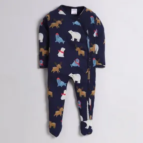 Polka Tots Full Sleeve Footed Romper with Folded Mittens  100% Super Soft Cotton Winter Animals Navy Blue