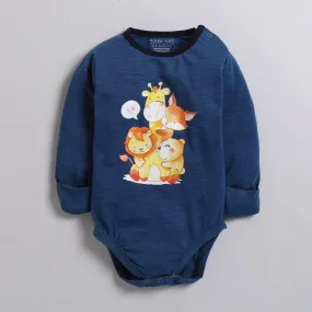 Polka Tots Full Sleeve Romper with Folded Mittens 100% Super Soft Cotton Animals Navy Blue