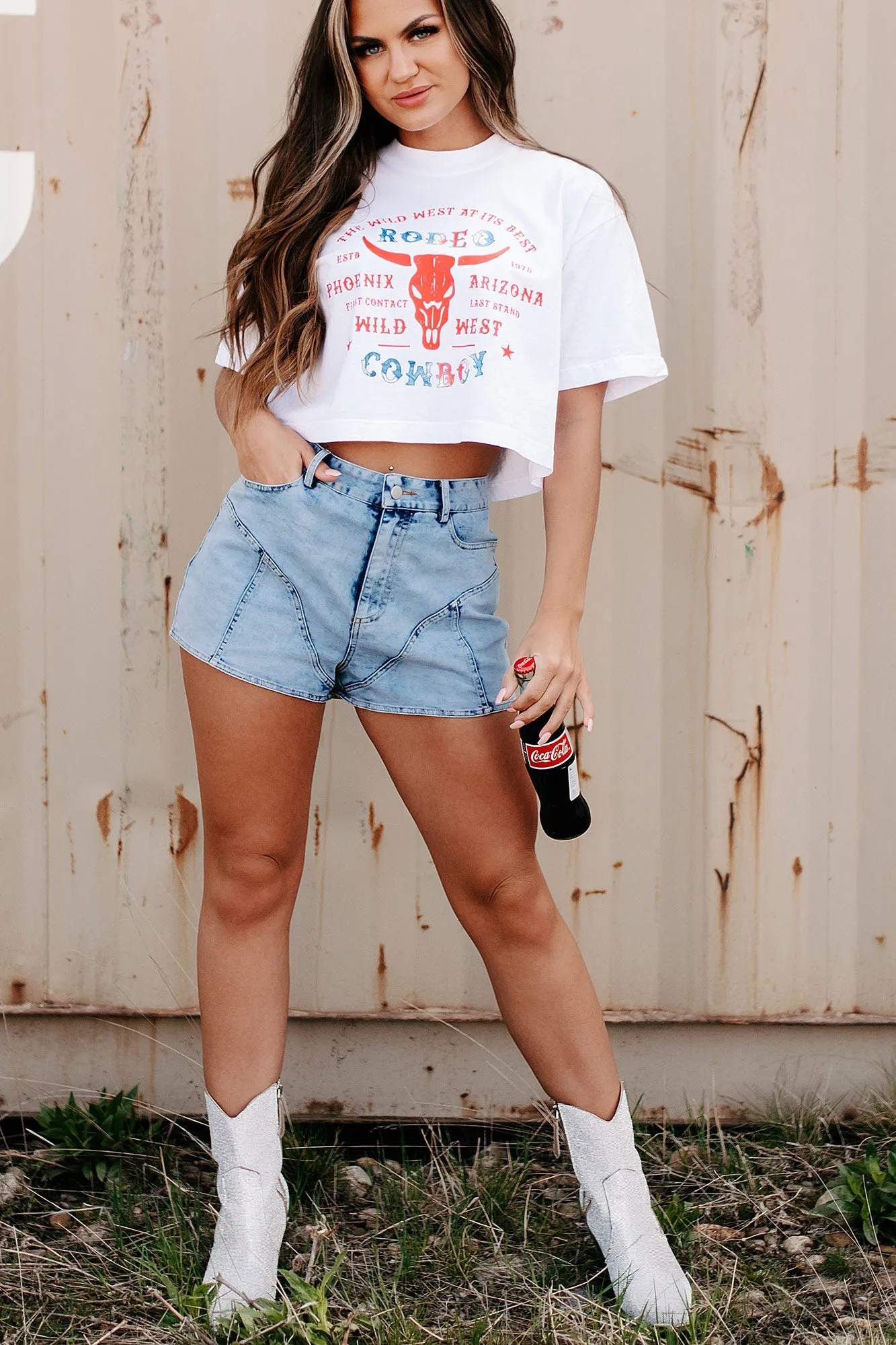 "Wild West Rodeo Cowboy" Oversized Graphic Crop Tee (White) - Print On Demand