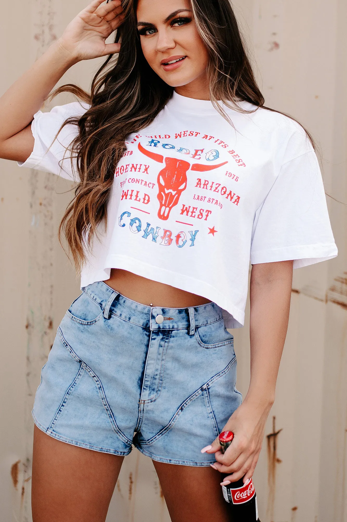 "Wild West Rodeo Cowboy" Oversized Graphic Crop Tee (White) - Print On Demand