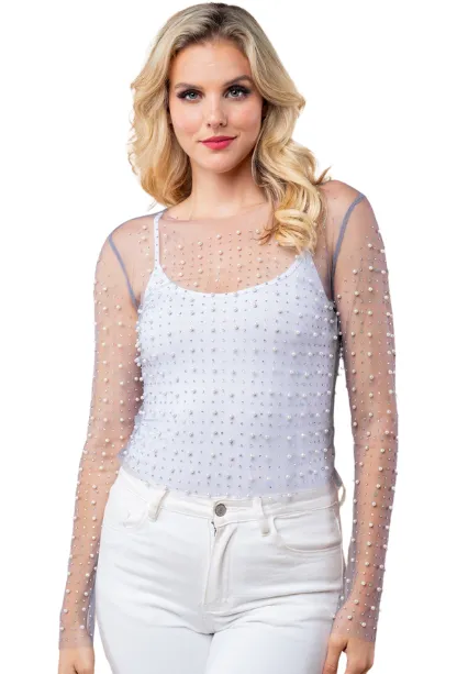 Show It Off Pearl Mesh Top