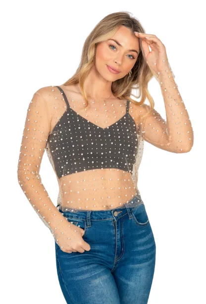 Show It Off Pearl Mesh Top