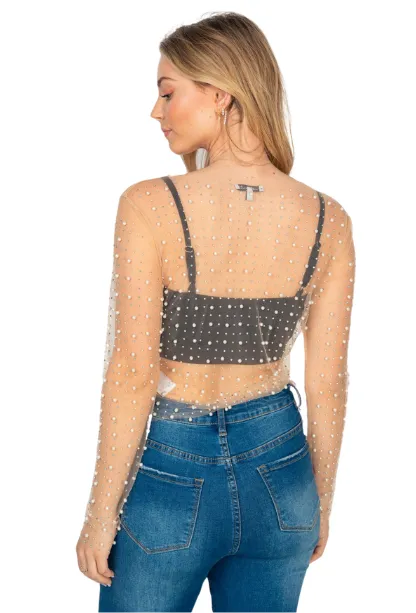 Show It Off Pearl Mesh Top