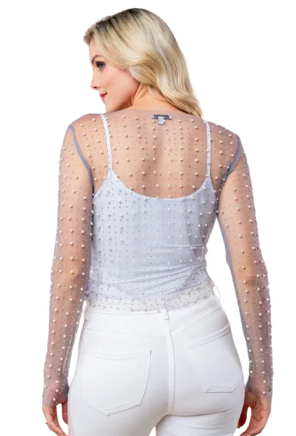 Show It Off Pearl Mesh Top
