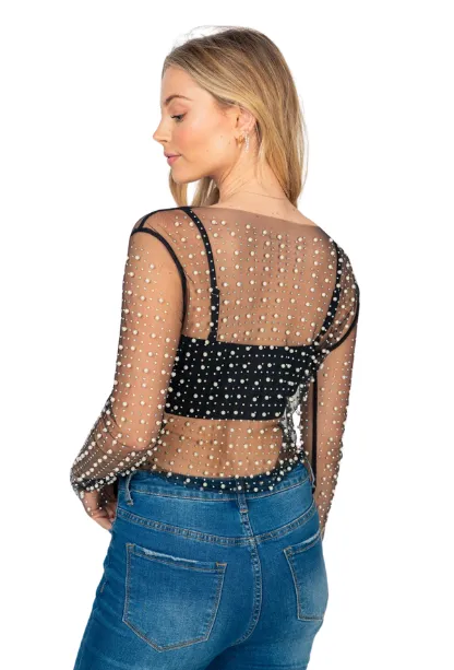 Show It Off Pearl Mesh Top