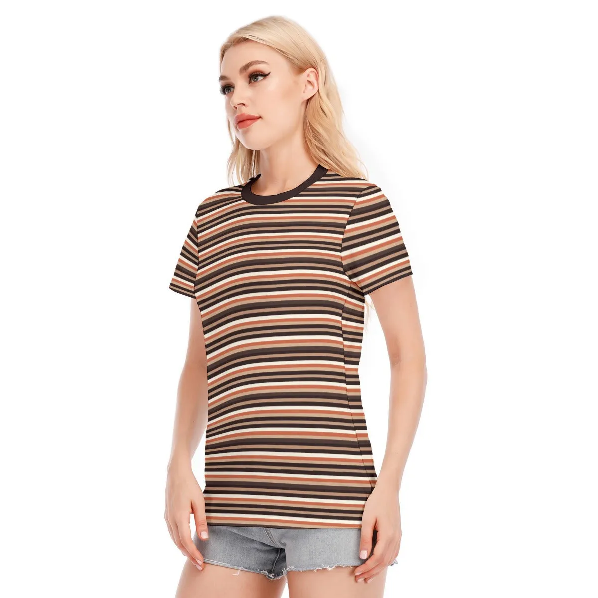 Vampire Art Brown Seventies Stripes Women's Round Neck T-Shirt | 190GSM Cotton