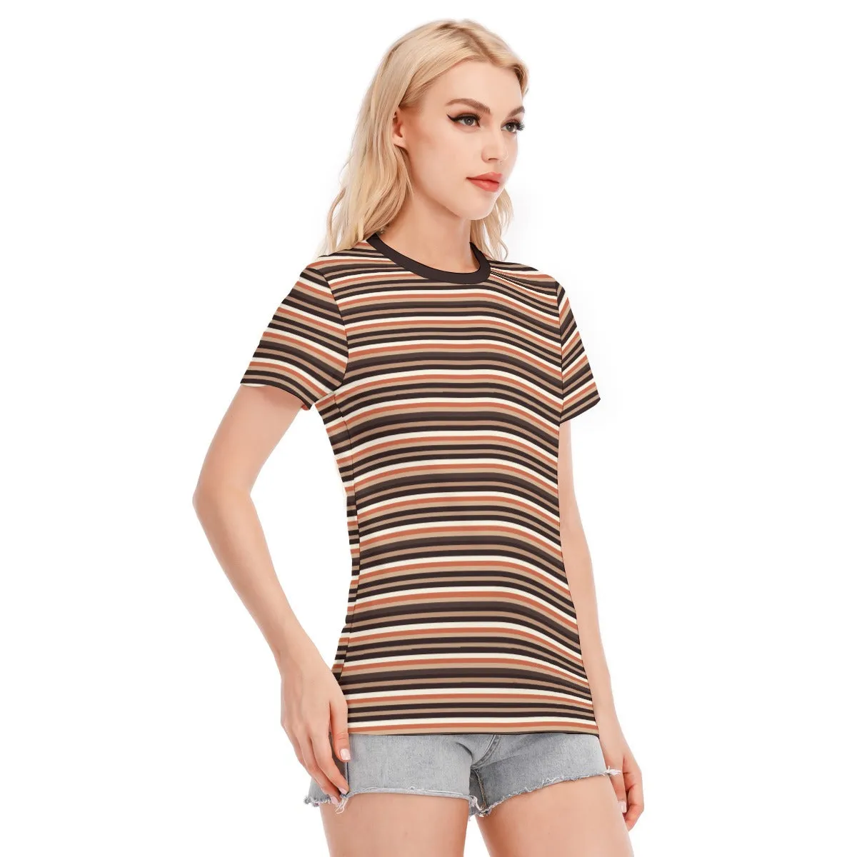 Vampire Art Brown Seventies Stripes Women's Round Neck T-Shirt | 190GSM Cotton