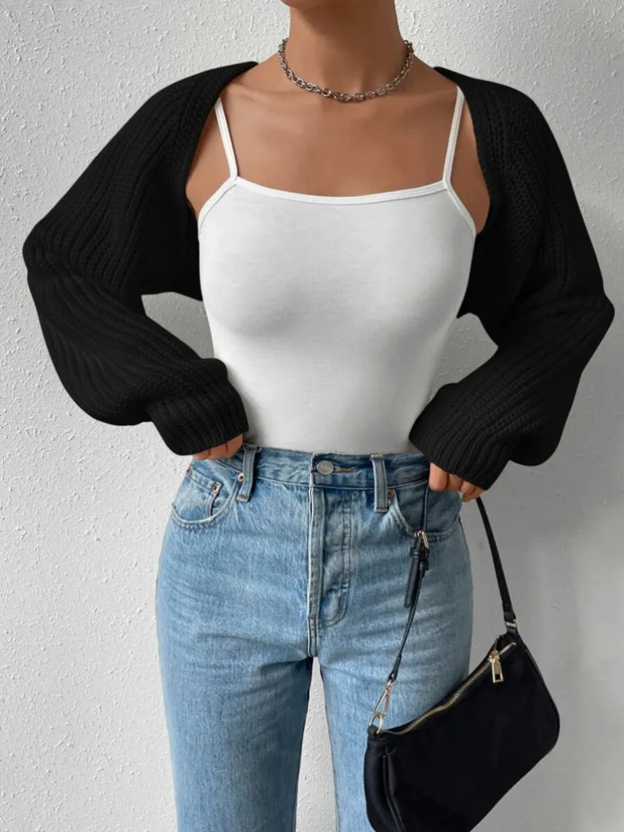 Women s Open Front Cropped Cardigan Long Sleeve Solid Color Ribbed Knit Shrug Sweater Bolero Tops