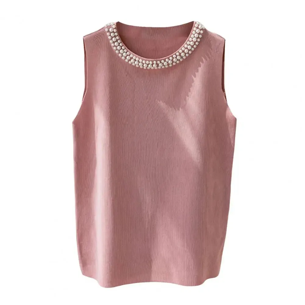 Women Vest Top Elegant Faux Pearl Knit Vest Comfortable Tank Top Stylish 3d Cut Loose Fit Blouse for Women Loose Fit Vest Top