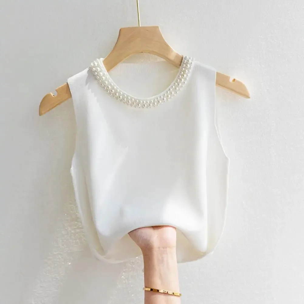 Women Vest Top Elegant Faux Pearl Knit Vest Comfortable Tank Top Stylish 3d Cut Loose Fit Blouse for Women Loose Fit Vest Top