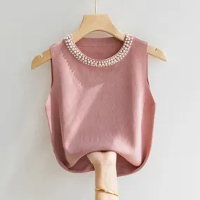 Women Vest Top Elegant Faux Pearl Knit Vest Comfortable Tank Top Stylish 3d Cut Loose Fit Blouse for Women Loose Fit Vest Top