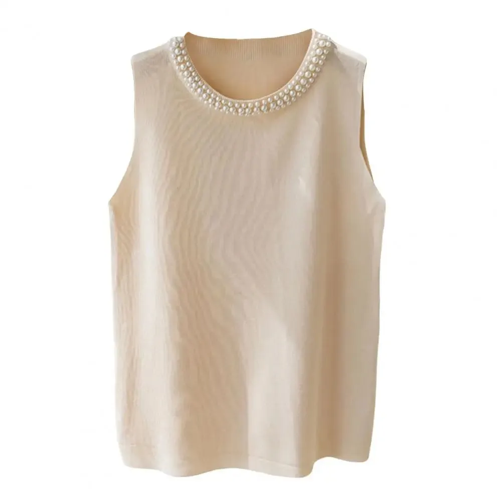 Women Vest Top Elegant Faux Pearl Knit Vest Comfortable Tank Top Stylish 3d Cut Loose Fit Blouse for Women Loose Fit Vest Top