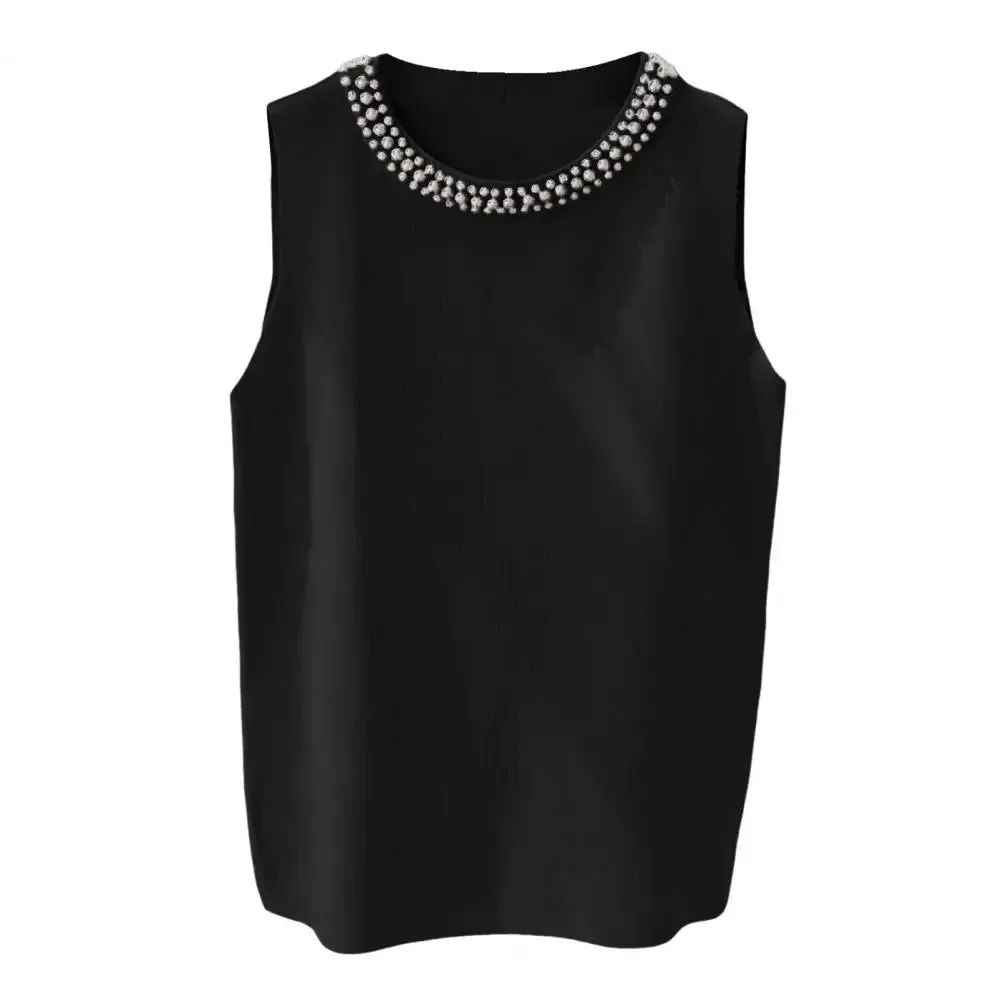 Women Vest Top Elegant Faux Pearl Knit Vest Comfortable Tank Top Stylish 3d Cut Loose Fit Blouse for Women Loose Fit Vest Top